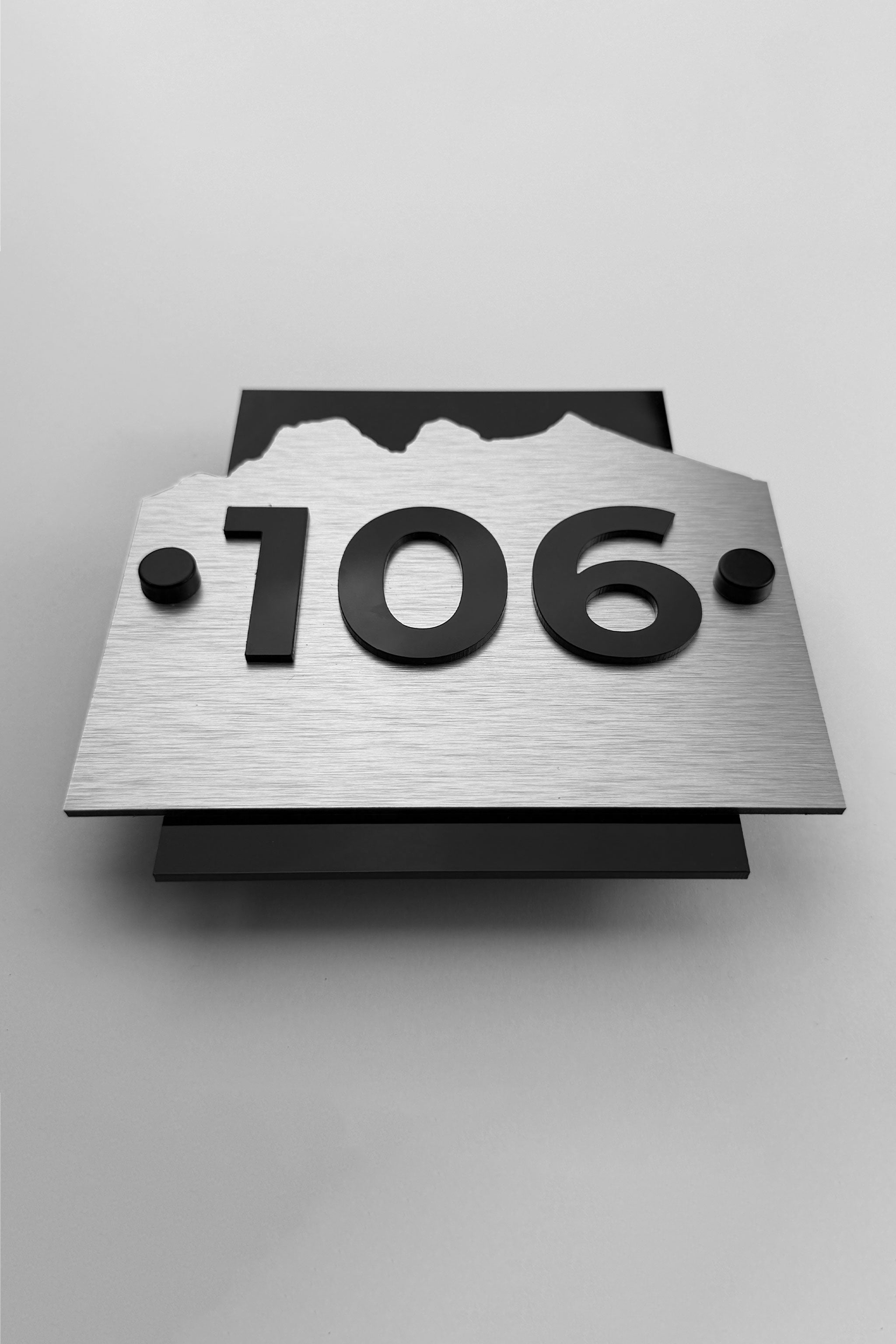 ALUMADESIGNCO Alpine Design modern hotel room standoff wall sign with brushed silver aluminum plaque and black acrylic numbers, premium hotel door number signage with metal standoff mounting