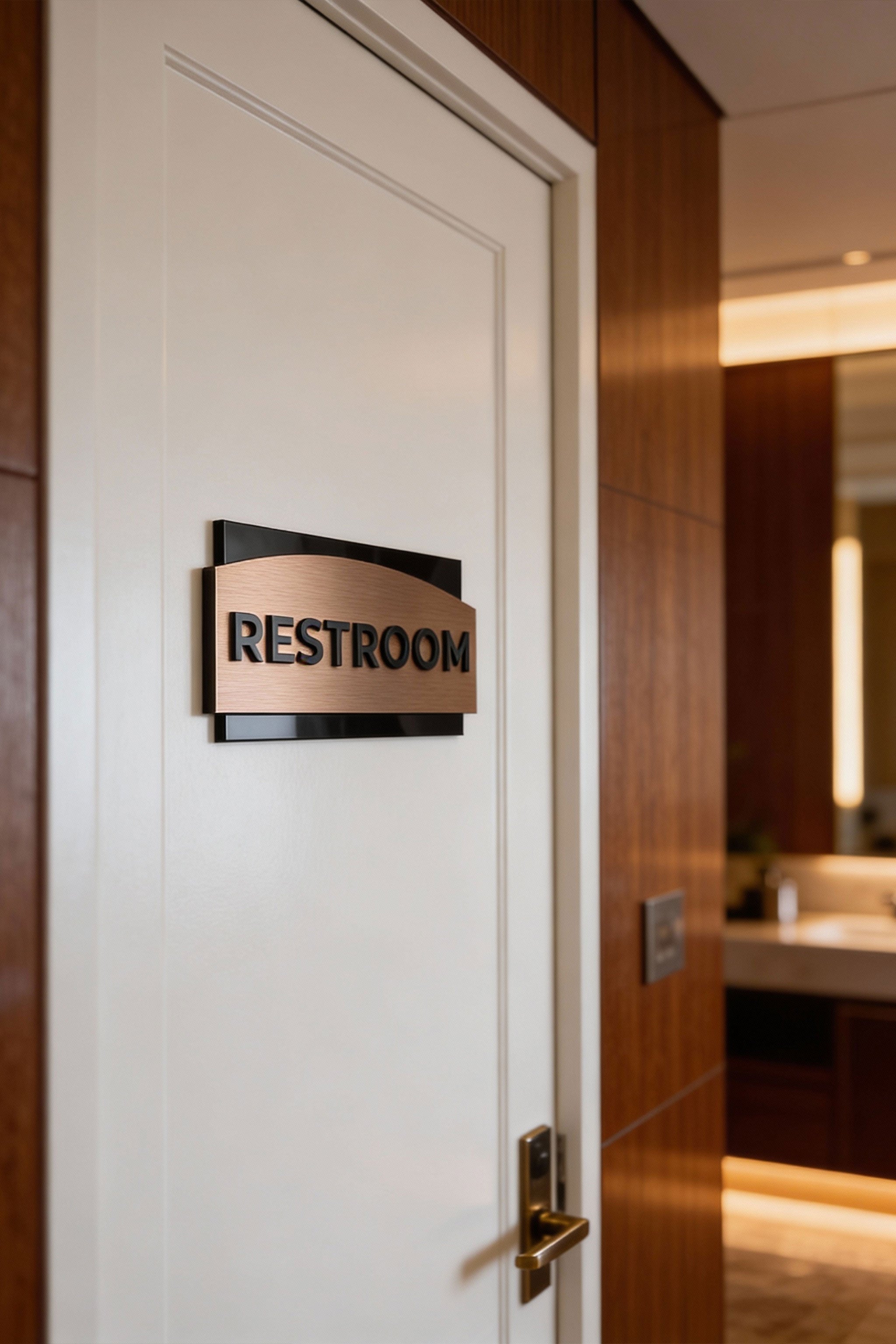 Premium brushed bronze office door sign by ALUMADESIGNCO featuring black acrylic lettering, modern signage for offices, conference rooms, and hospitality interiors