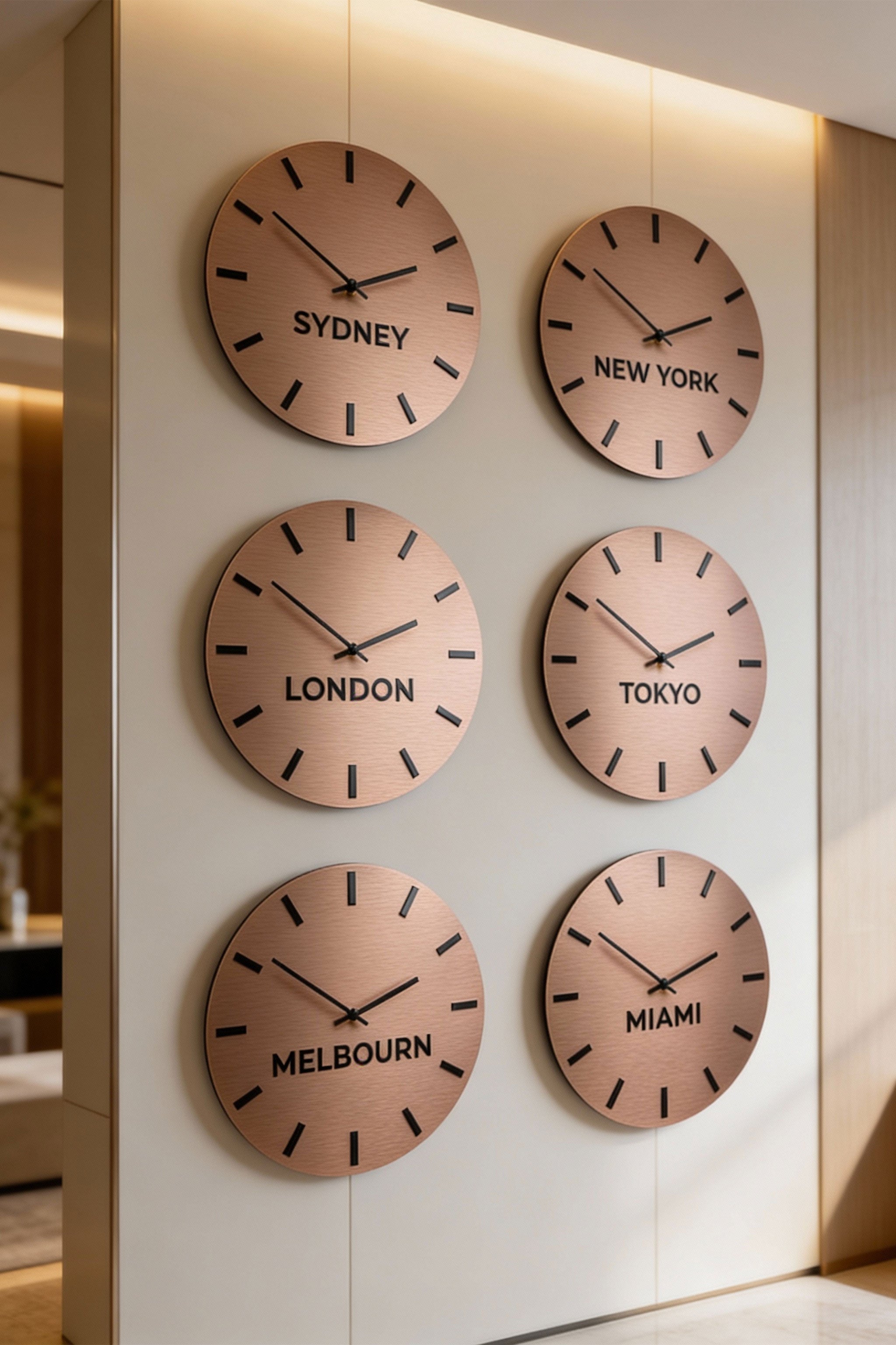 ALUMADESIGNCO brushed bronze world time zone wall clock with custom city names, modern wall décor for offices, hotels, studios, and contemporary interiors