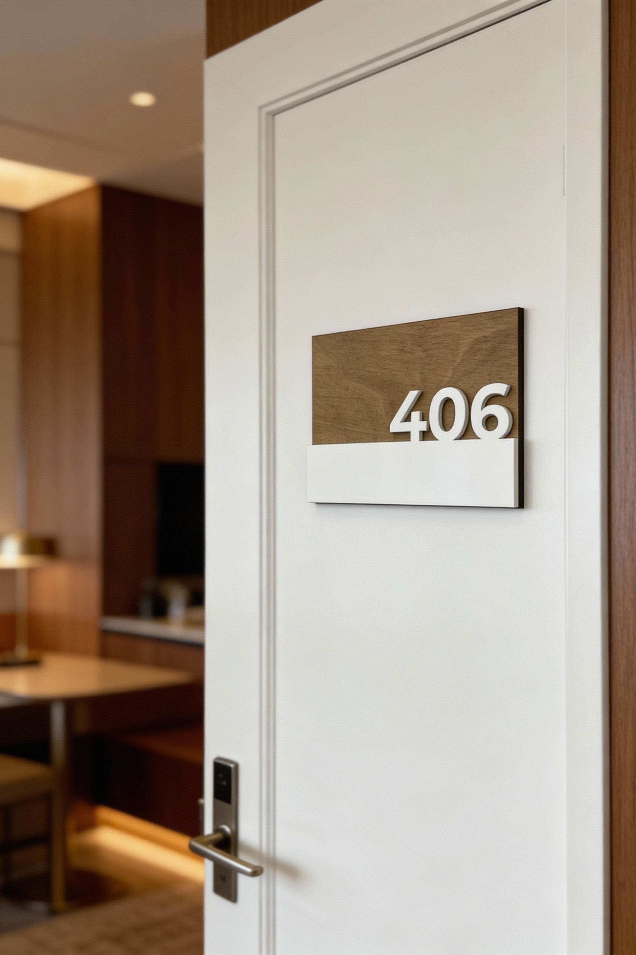 Premium Horizon birch wood interior door number plaque by ALUMADESIGNCO with 3D glossy white acrylic glass numbers, modern hotel room signage and apartment door numbers