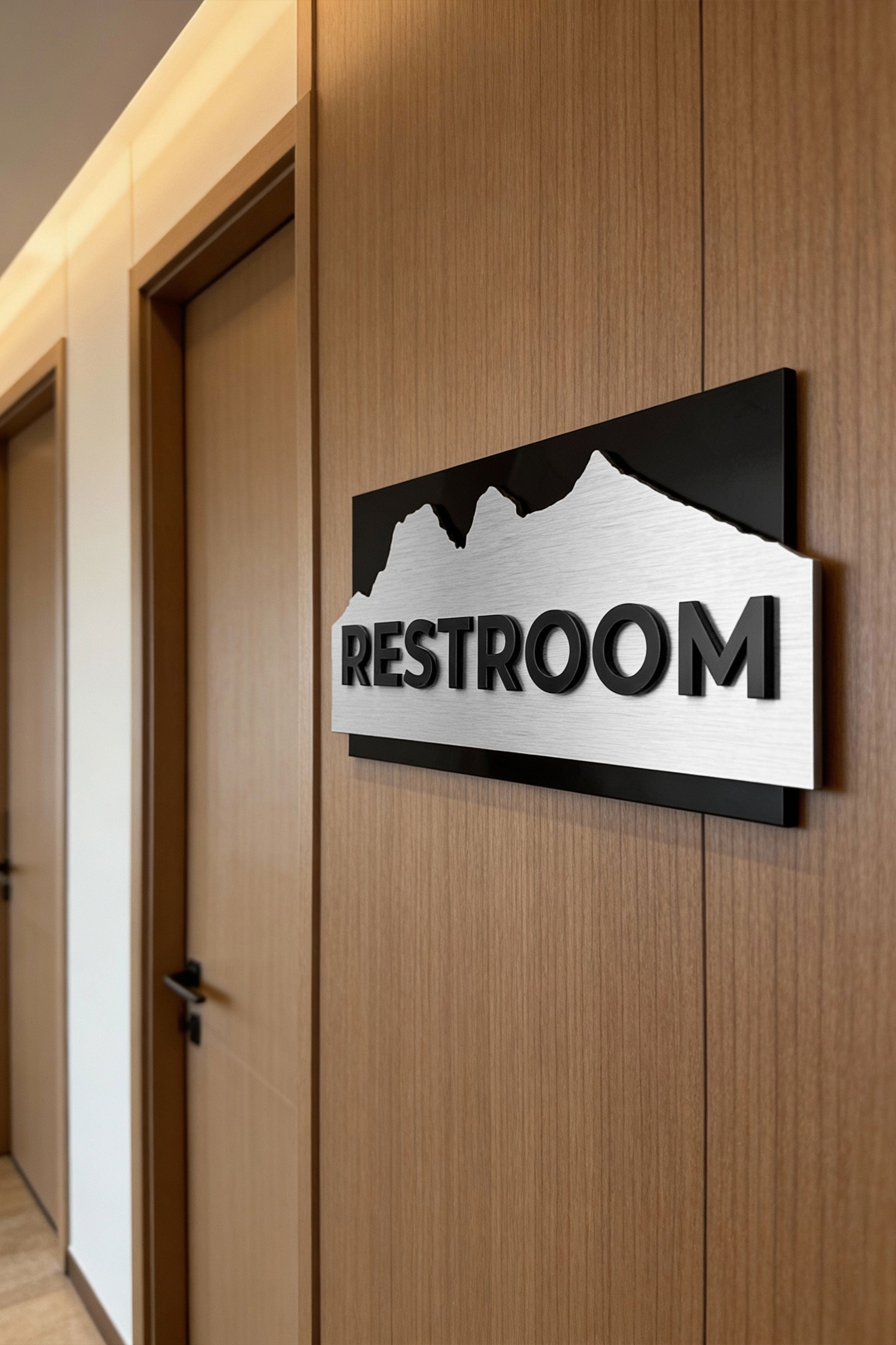 Premium Alpine custom hotel door sign by ALUMADESIGNCO featuring acrylic text, modern signage for offices, restrooms, and hotel wayfinding systems