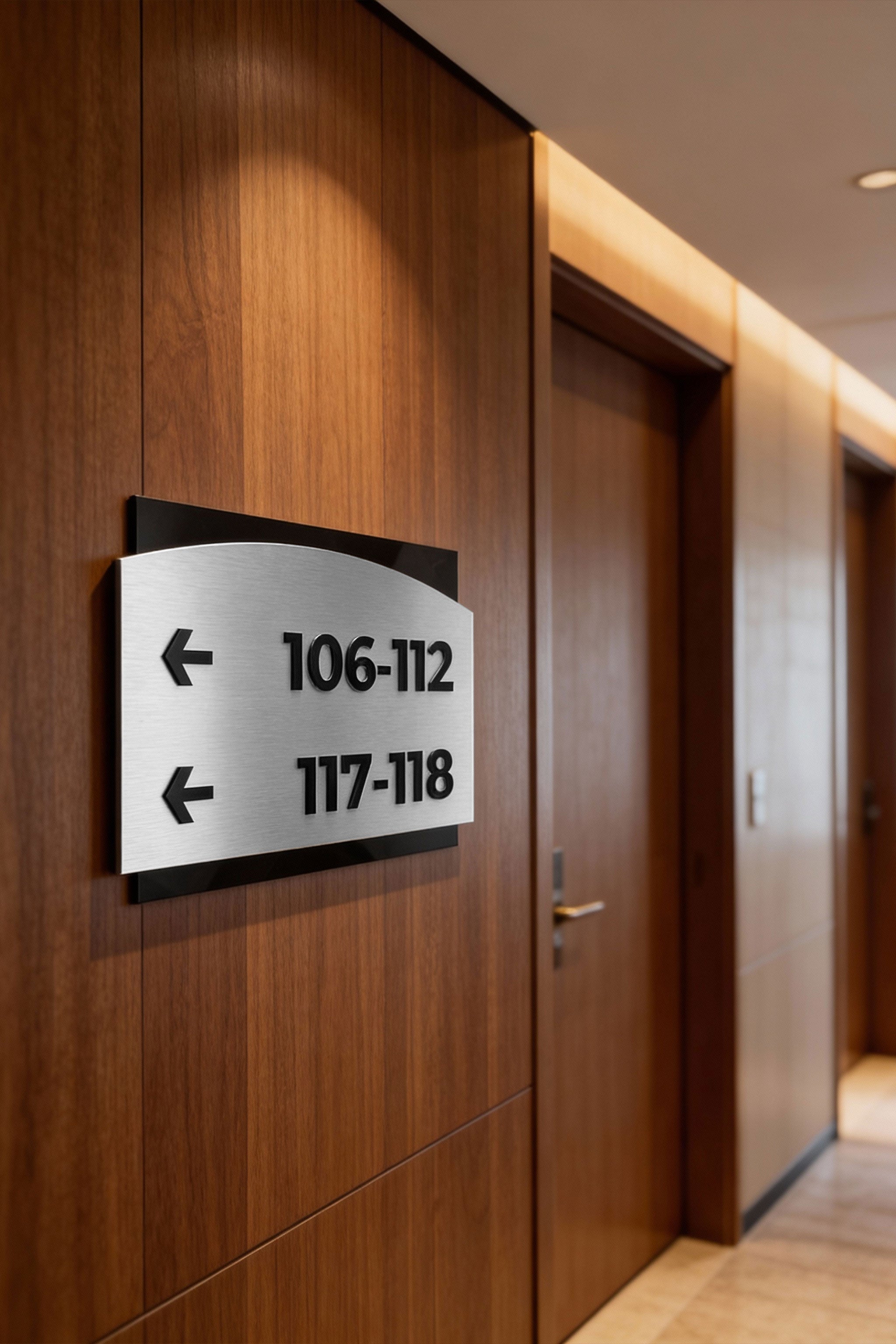 Modern directional wayfinding sign by ALUMADESIGNCO in Flow Design, premium signage for corridors, offices, hotels, and contemporary interiors