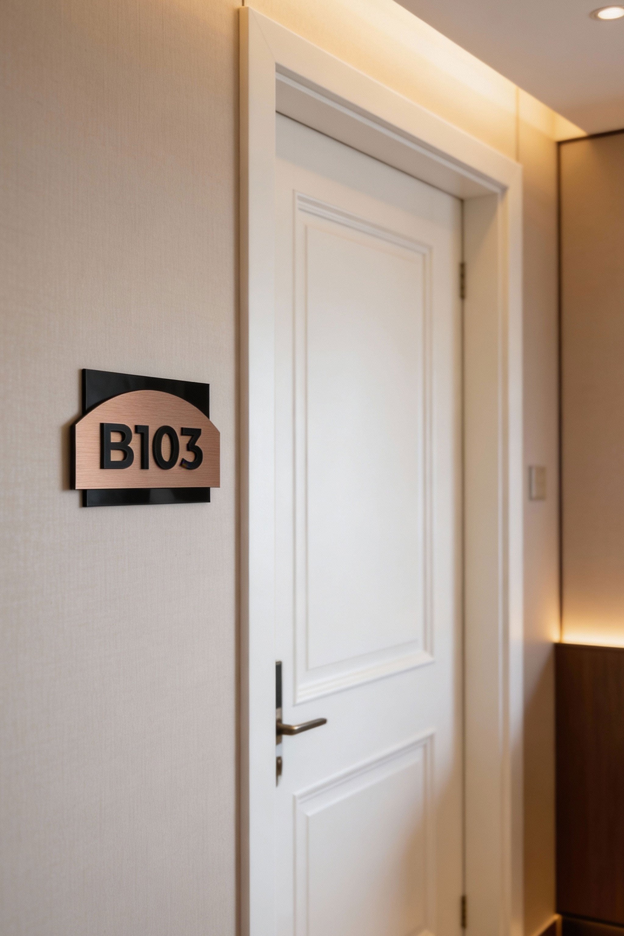 Premium Flow 3D layered apartment door number sign by ALUMADESIGNCO featuring raised numbers, modern hotel style signage for apartment doors and interiors