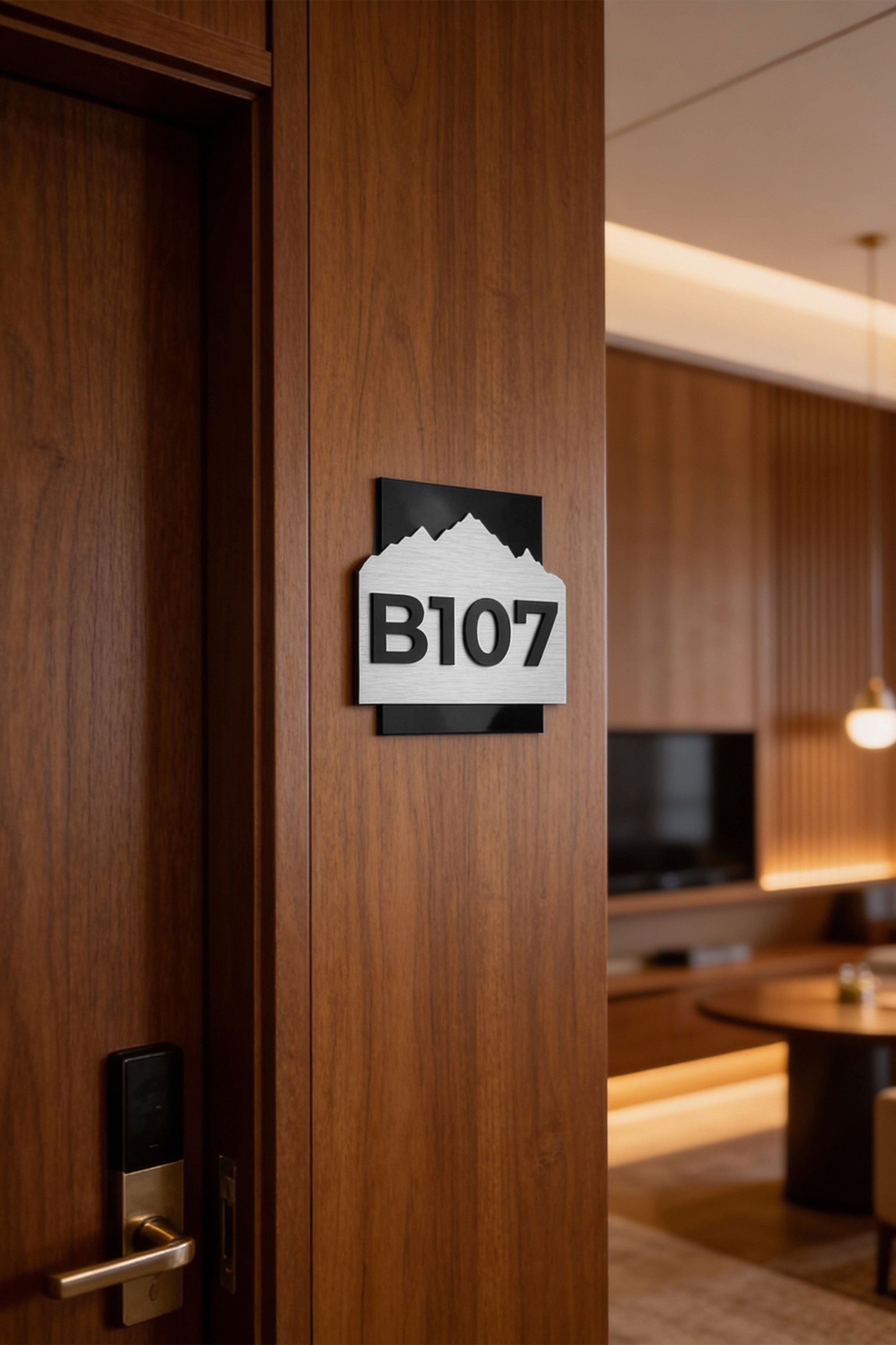 ALUMADESIGNCO Alpine Design 3D layered room number sign for hotels with raised acrylic numbers, modern door signage for hotel rooms, apartments, and hospitality interiors