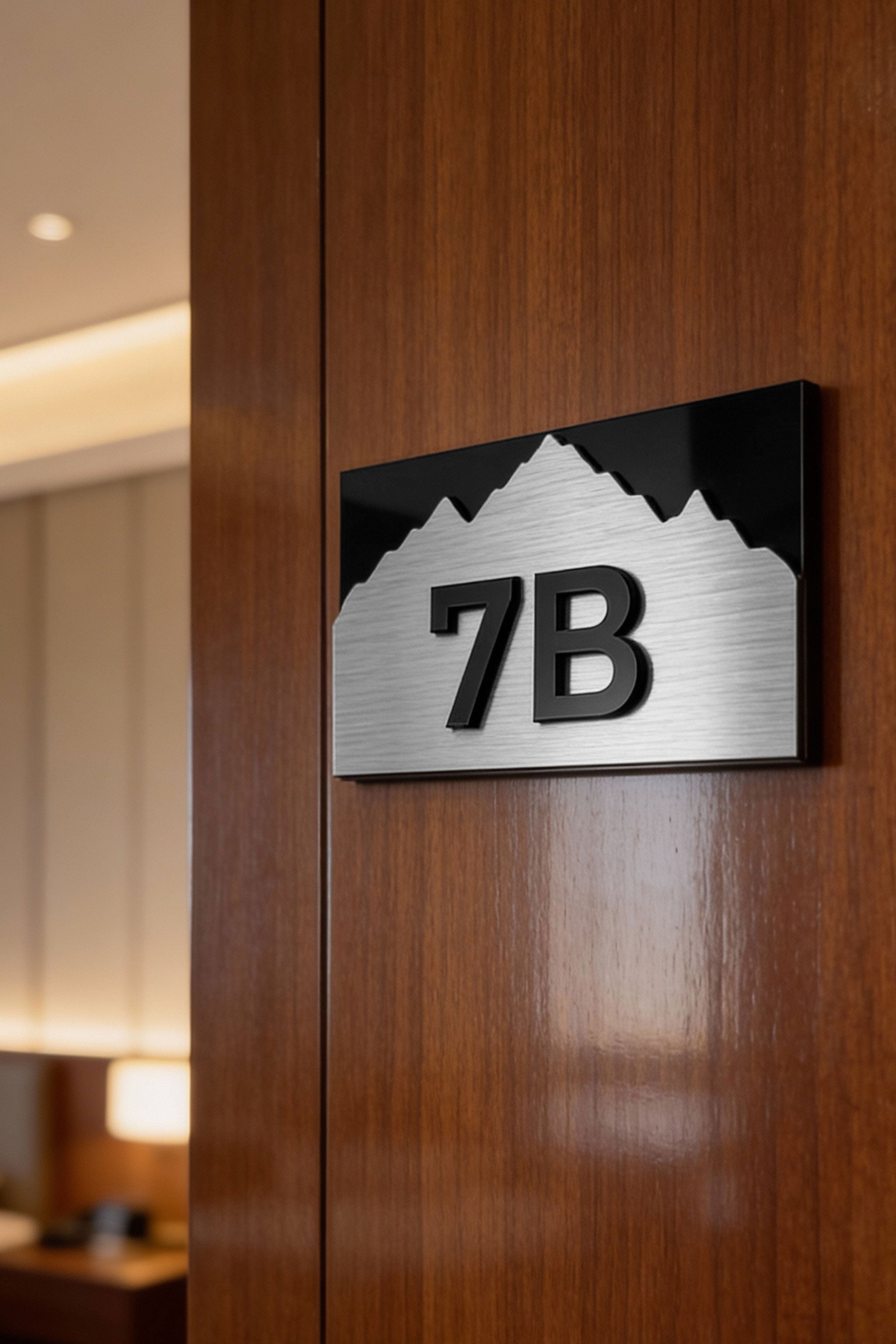 ALUMADESIGNCO Alpine 3D layered door number sign with raised acrylic numbers, premium signage for hotels, offices, and residential interiors