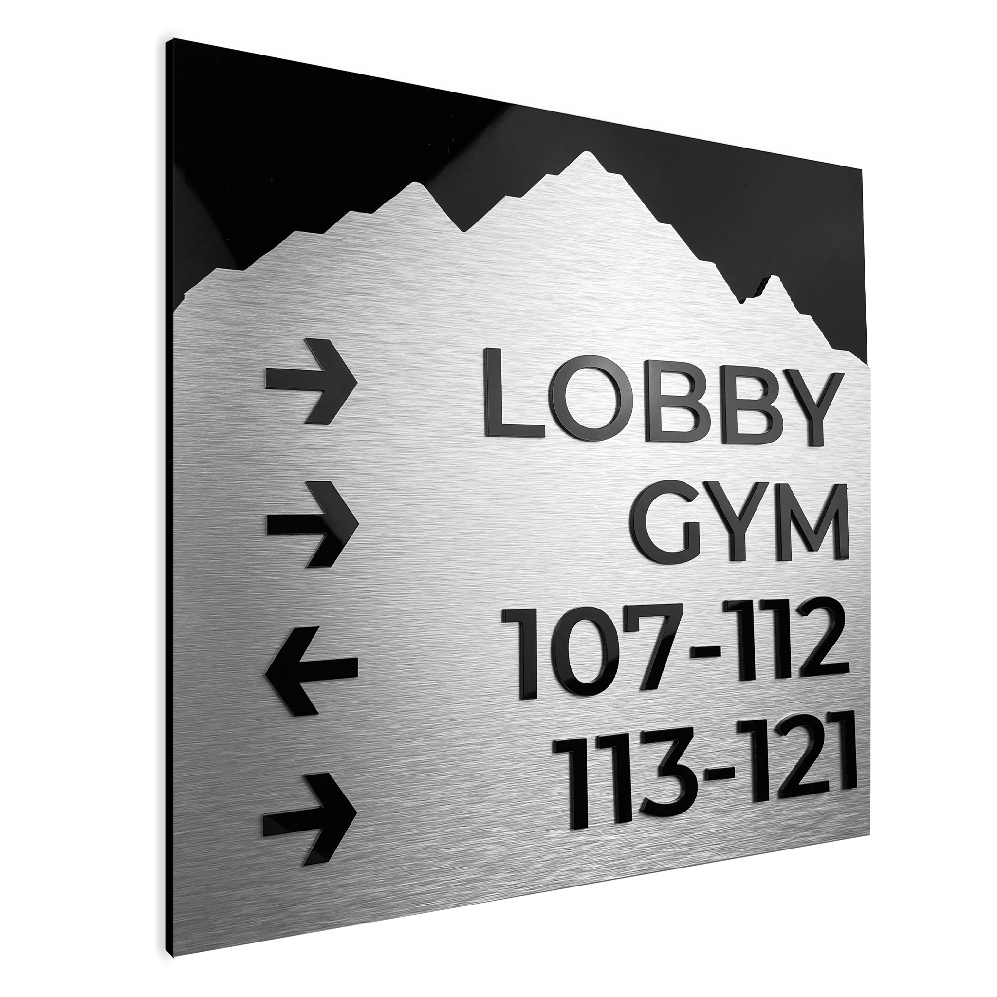 Close-up of aluminium wayfinding sign with standard design arrows pointing left and right