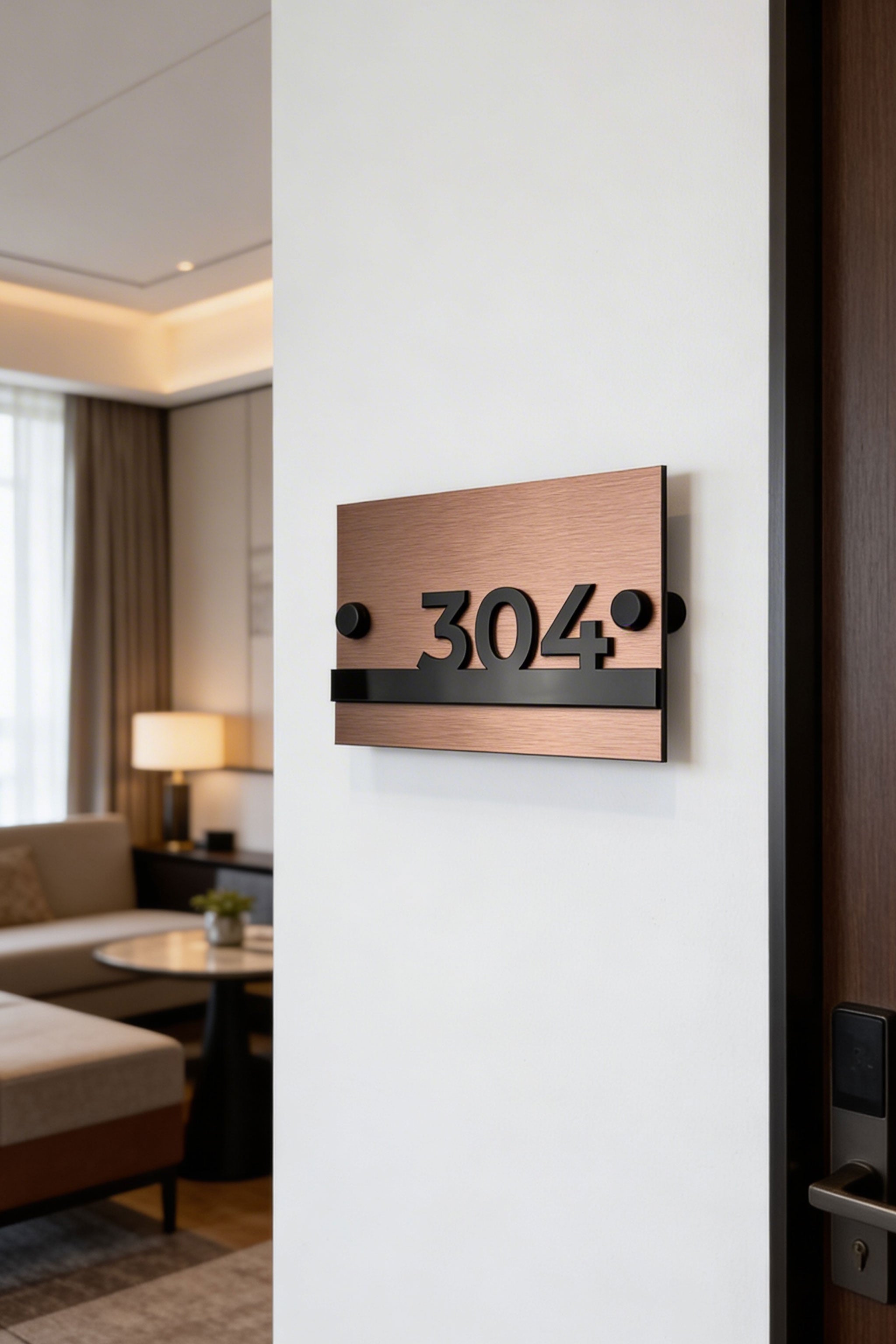 ALUMADESIGNCO Horizon Design standoff apartment number sign in brushed bronze and black acrylic with raised 3D numbers, modern door signage for apartments, hotels, and Airbnb properties