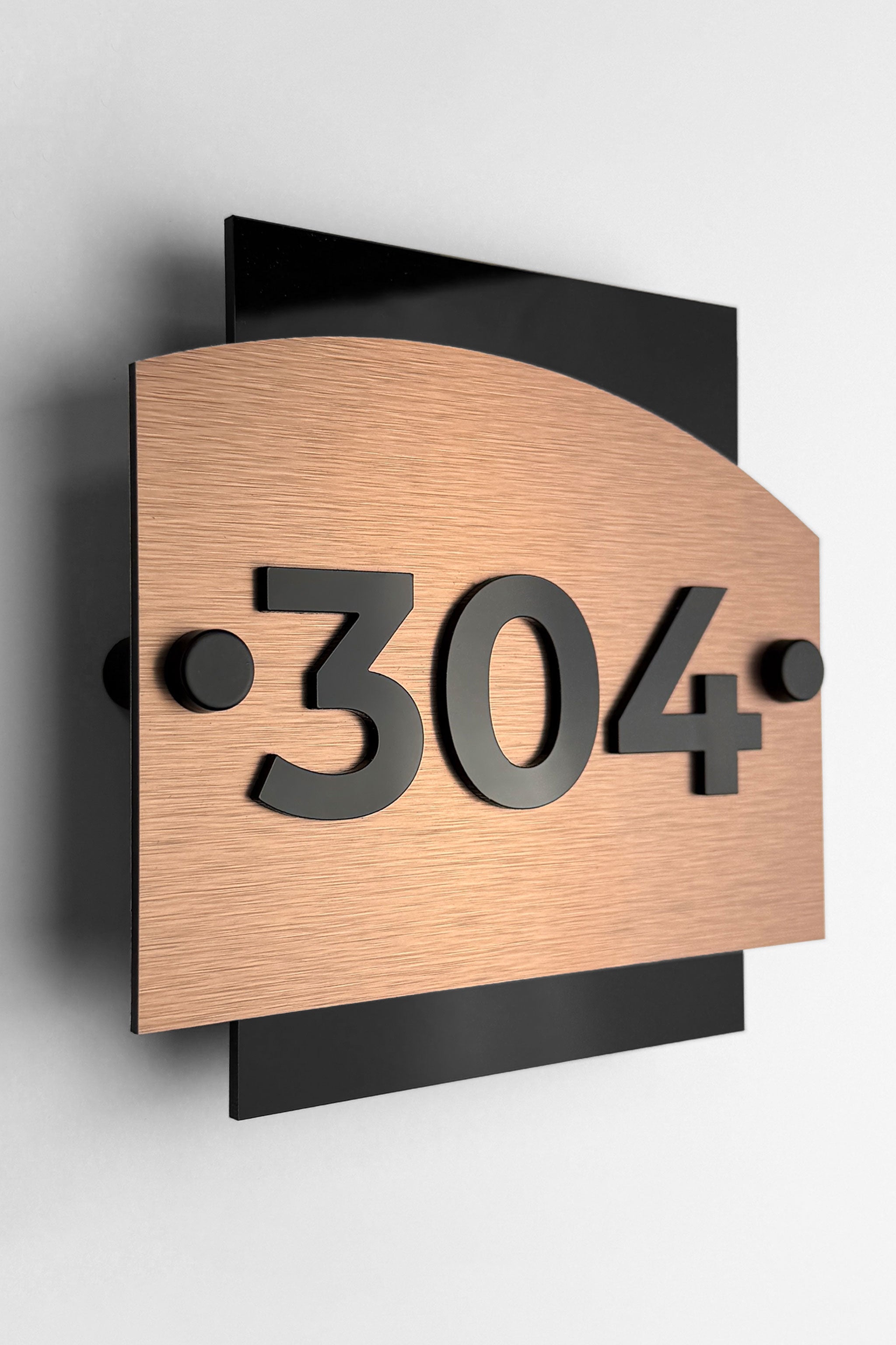 Brushed Bronze Standoff Number Signage with 3D Acrylic Numbers - "Flow" Design - ALUMADESIGNCO Door Signs - Custom Door Signs For Business & Office
