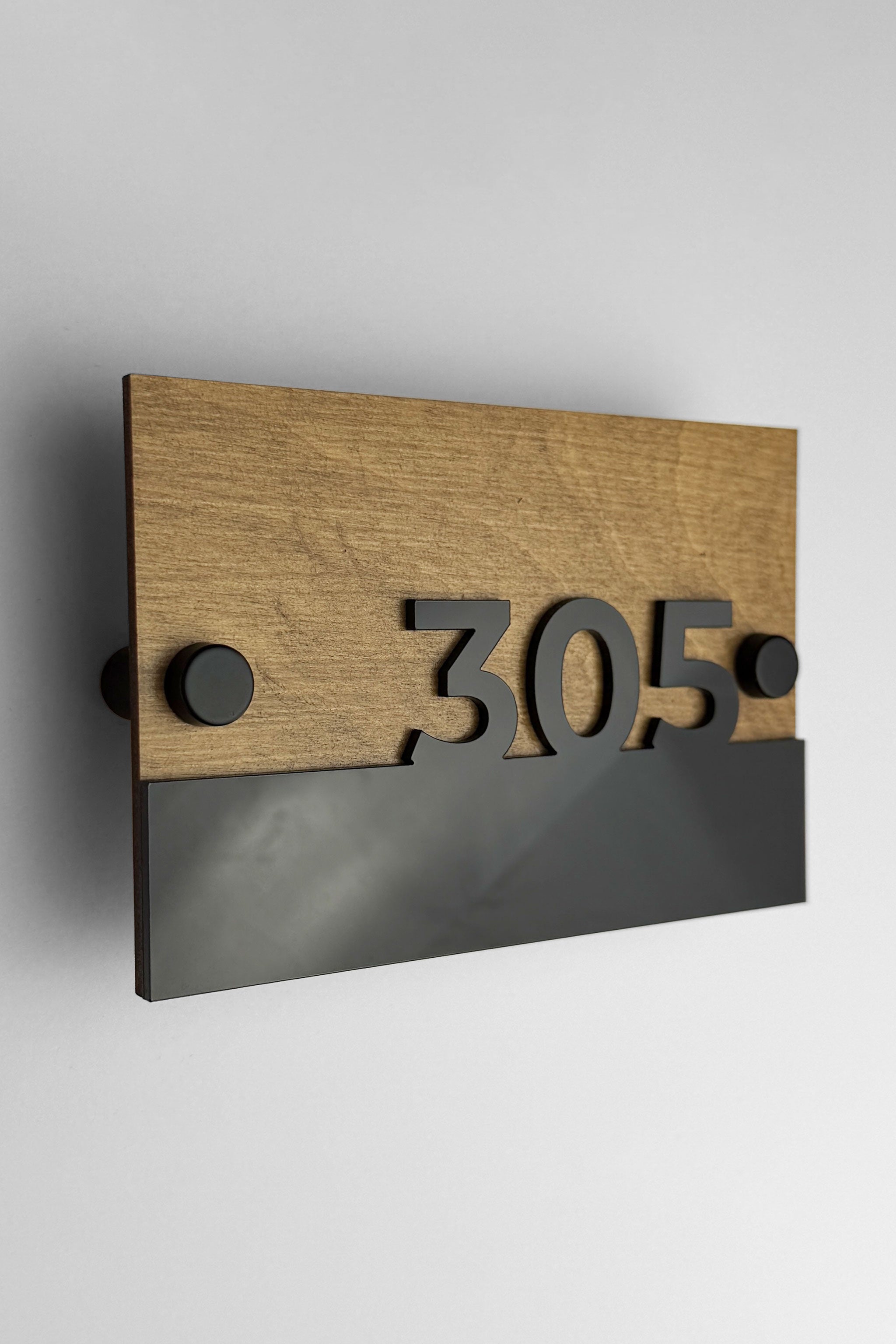 Classic wooden standoff apartment door number sign Horizon Design by ALUMADESIGNCO featuring natural birch wood base and raised glossy black acrylic numbers for modern residential interiors