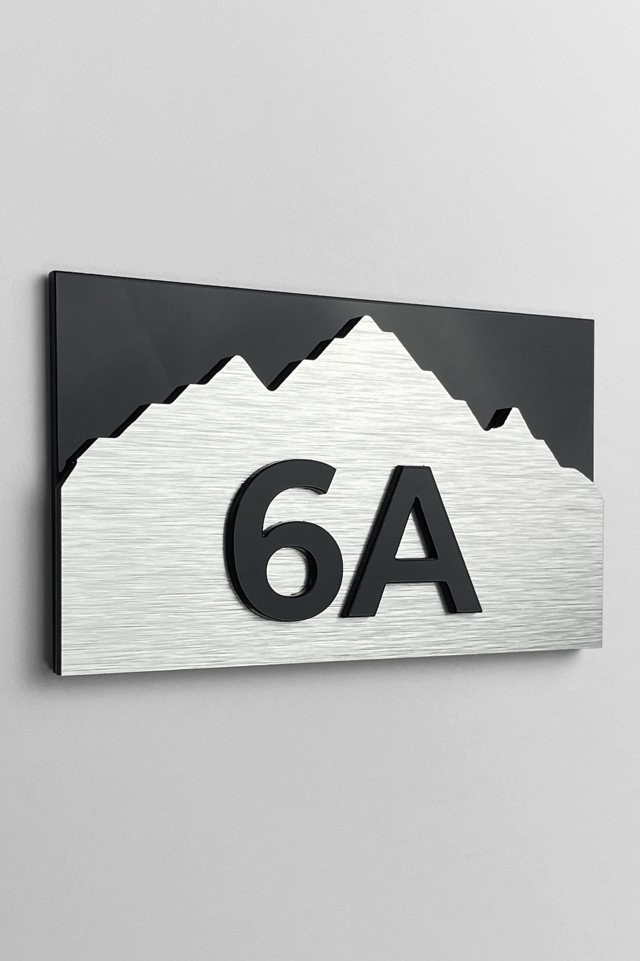3D layered room number sign Alpine Design by ALUMADESIGNCO featuring wood and acrylic layers, modern door plaque for hotel rooms and apartment interiors