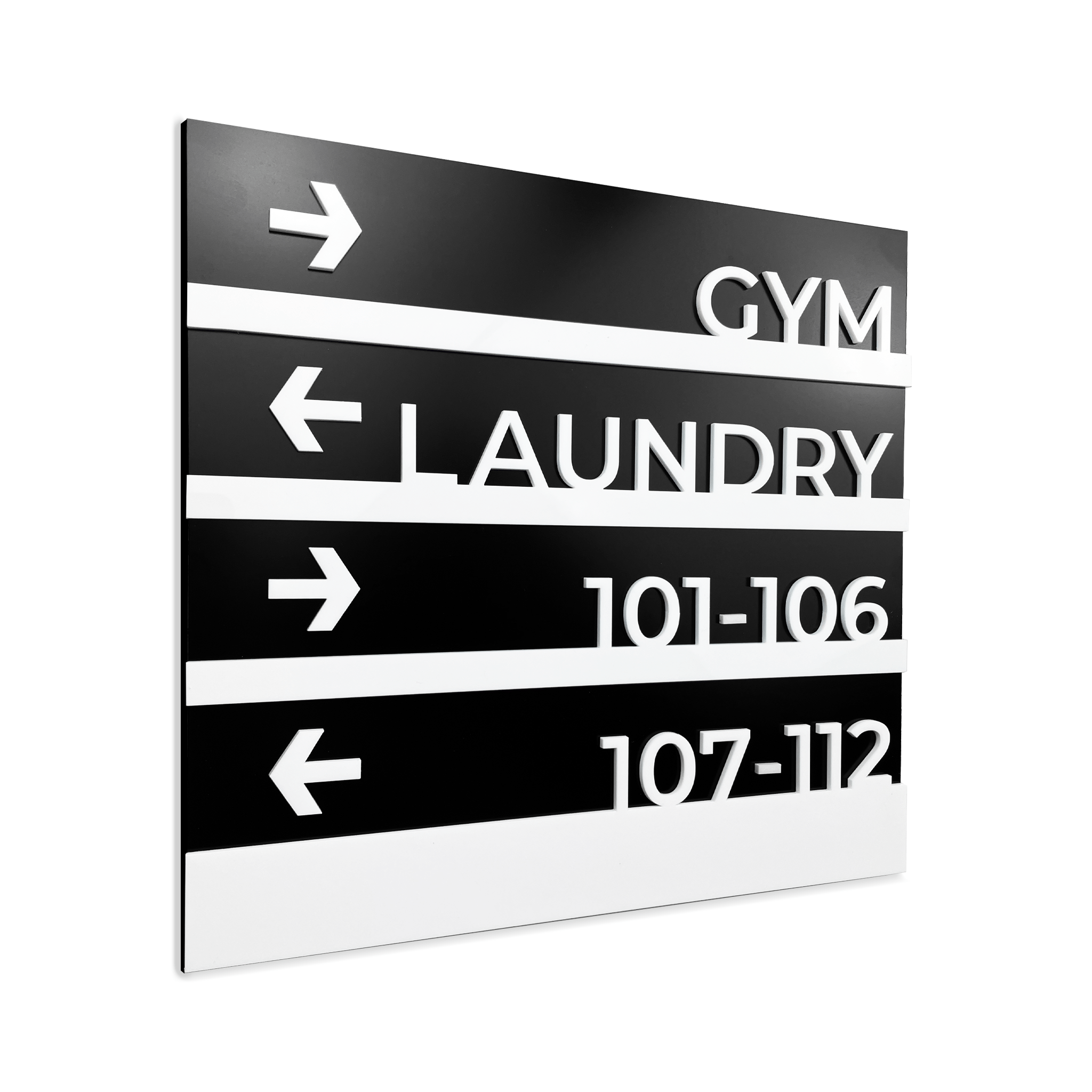 Elegant black aluminum composite hotel wayfinding sign pointing towards lobby