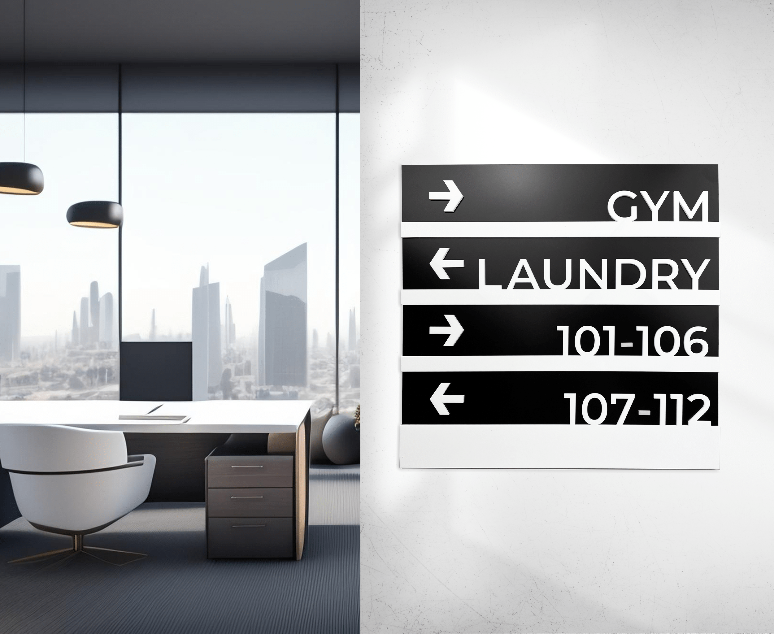 Luxurious hotel lobby with large white acrylic glass wayfinding sign for elevators