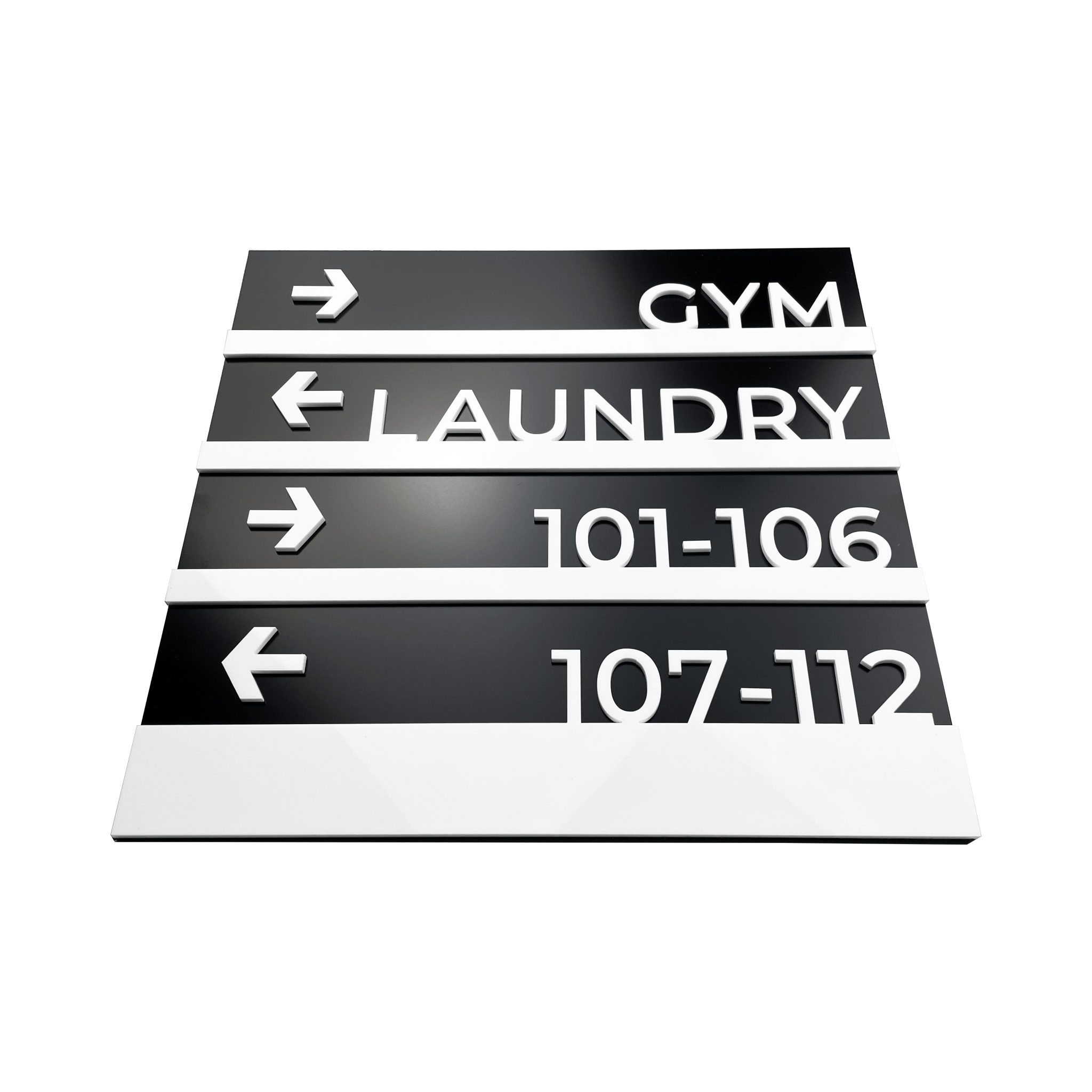 Medium-sized hotel wayfinding sign in black aluminum and white acrylic glass for restrooms