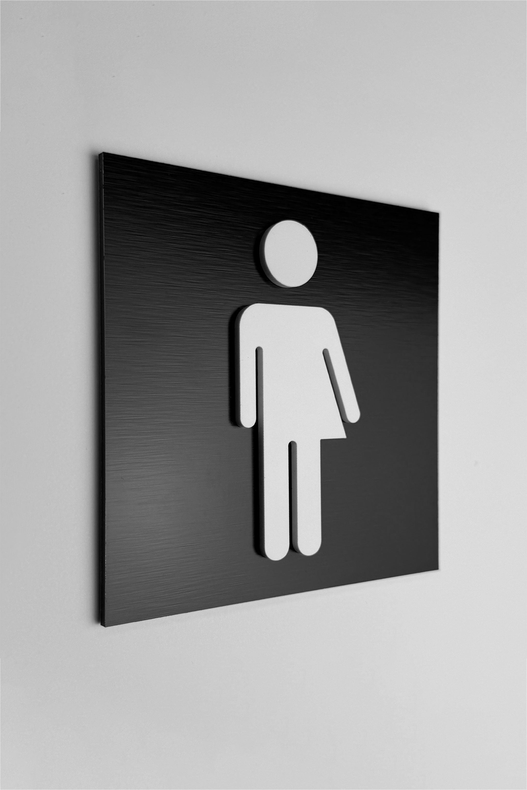 ALUMADESIGNCO gender neutral restroom sign with modern inclusive pictogram, premium bathroom door signage for offices, hotels, cafés, and commercial interiors