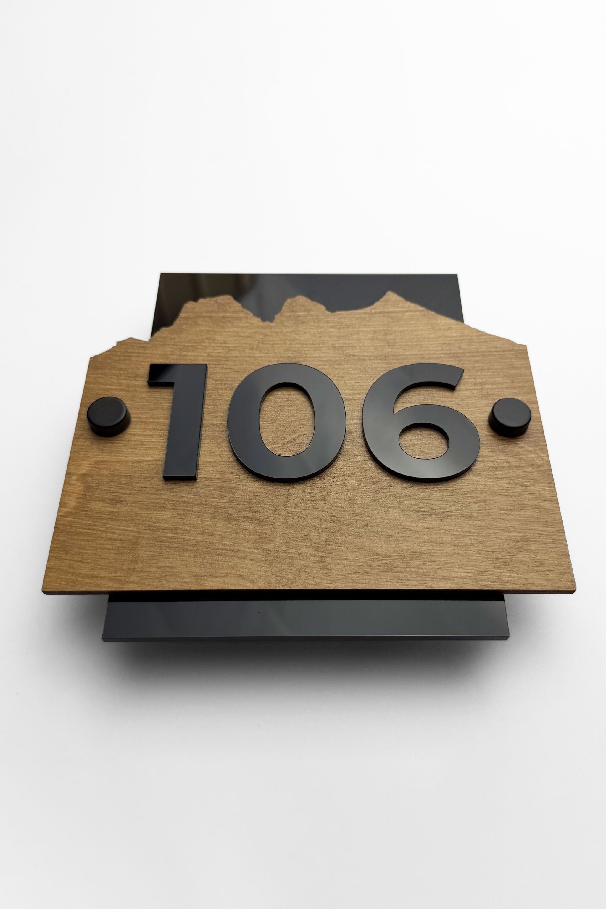 Modern standoff wood room number sign Alpine Design by ALUMADESIGNCO with natural birch wood plaque and acrylic numbers for hotel rooms and apartment doors