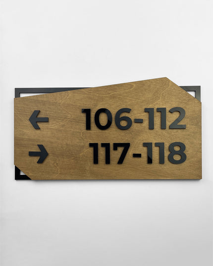 ALUMADESIGNCO personalized wayfinding wall sign with birch wood base and black acrylic text, premium directional signage for offices, hotels, apartments, and contemporary interiors