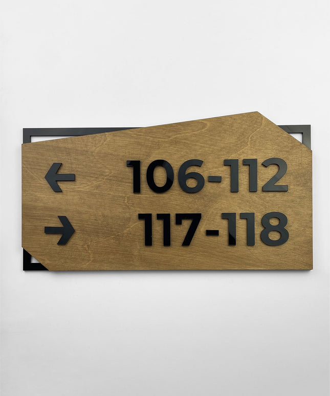 ALUMADESIGNCO personalized wayfinding wall sign with birch wood base and black acrylic text, premium directional signage for offices, hotels, apartments, and contemporary interiors