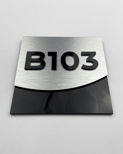 ALUMADESIGNCO brushed silver hotel door number plaque with acrylic numbers, modern luxury signage for hotels, Airbnb properties, and residential spaces