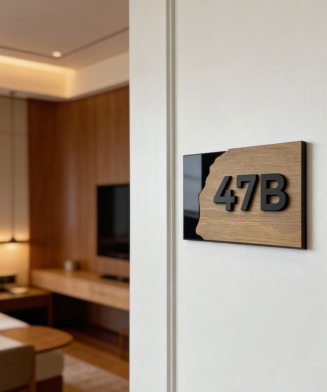 ALUMADESIGNCO Fusion Design custom acrylic and wooden apartment number sign with raised numbers, modern door signage for apartments, hotels, Airbnb properties, and offices
