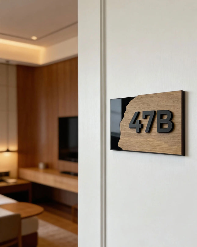 ALUMADESIGNCO Fusion Design custom acrylic and wooden apartment number sign with raised numbers, modern door signage for apartments, hotels, Airbnb properties, and offices