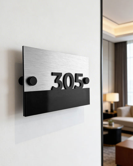 ALUMADESIGNCO Horizon Design standoff silver unit wall number sign with brushed silver metal plaque and raised 3D black acrylic numbers, modern hotel and apartment door signage