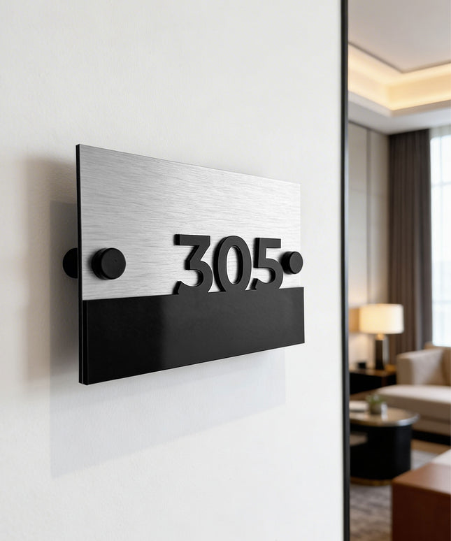 ALUMADESIGNCO Horizon Design standoff silver unit wall number sign with brushed silver metal plaque and raised 3D black acrylic numbers, modern hotel and apartment door signage