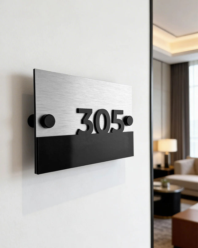 ALUMADESIGNCO Horizon Design standoff silver unit wall number sign with brushed silver metal plaque and raised 3D black acrylic numbers, modern hotel and apartment door signage