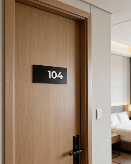 ALUMADESIGNCO custom suite number sign with black metal plaque and white acrylic numbers, modern door signage for hotel suites, apartments, Airbnb properties, and offices