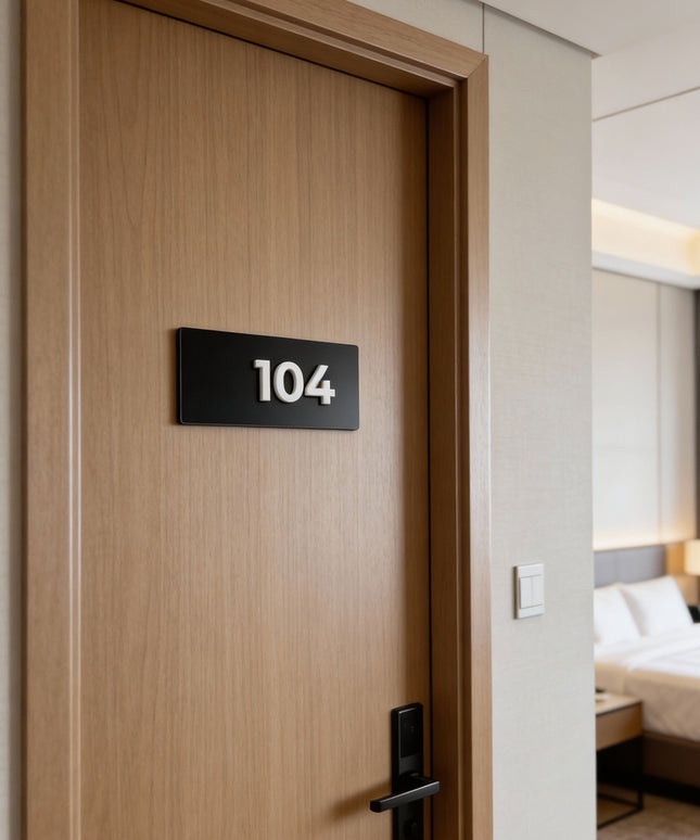 ALUMADESIGNCO custom suite number sign with black metal plaque and white acrylic numbers, modern door signage for hotel suites, apartments, Airbnb properties, and offices