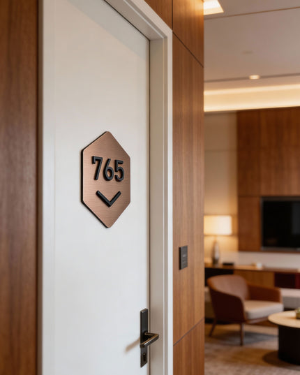 ALUMADESIGNCO Hexagon Design brushed bronze room number sign with black acrylic numbers, modern geometric door signage for hotels, apartments, and offices