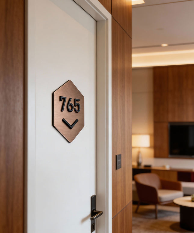 ALUMADESIGNCO Hexagon Design brushed bronze room number sign with black acrylic numbers, modern geometric door signage for hotels, apartments, and offices
