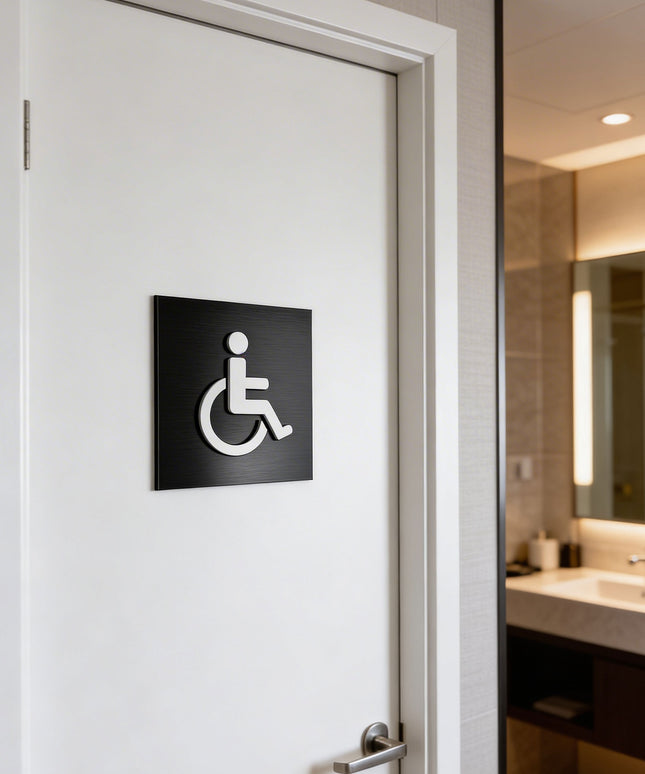 ALUMADESIGNCO wheelchair accessible restroom door sign with minimalist design, stylish bathroom signage for offices, hospitality spaces, and commercial buildings