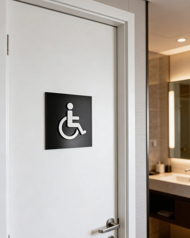 Schwarzes Behinderten WC Schild mit weißem Rollstuhlsymbol