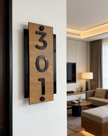 ALUMADESIGNCO standoff vertical hotel room sign made from natural birch wood and black acrylic numbers, modern wood and acrylic door signage mounted with metal standoff hardware for hotel corridors and apartments