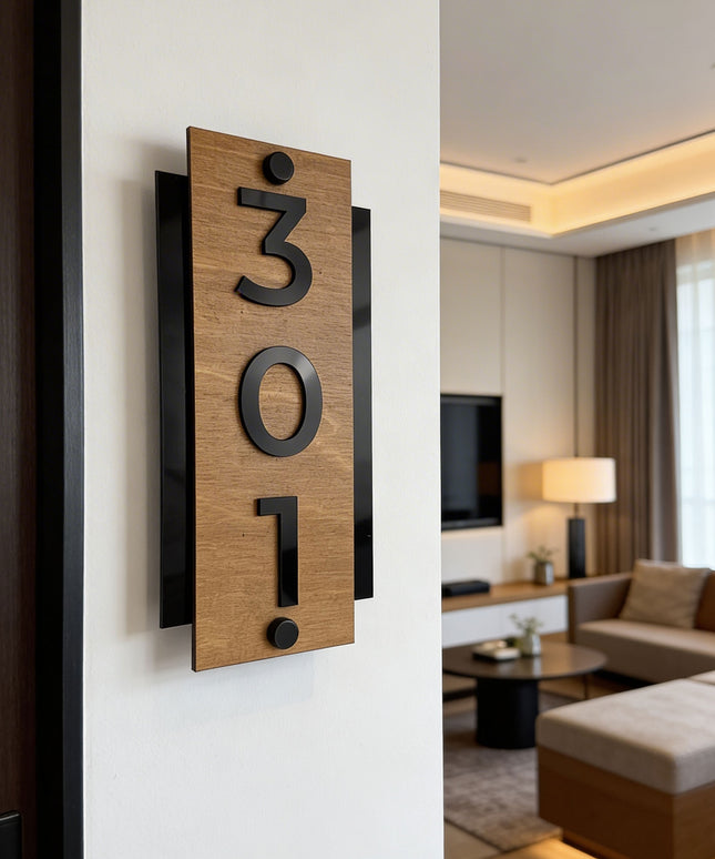 ALUMADESIGNCO standoff vertical hotel room sign made from natural birch wood and black acrylic numbers, modern wood and acrylic door signage mounted with metal standoff hardware for hotel corridors and apartments