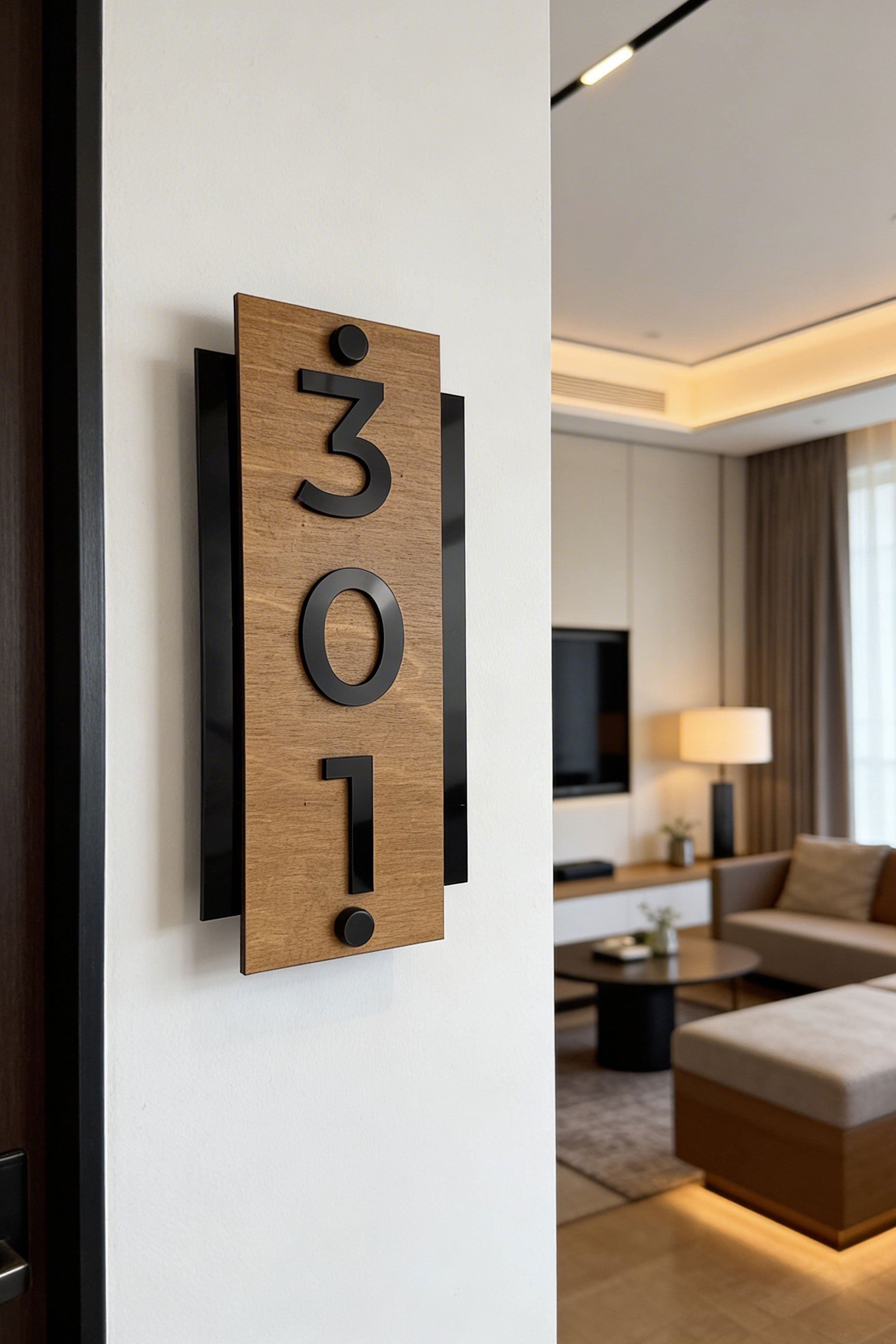 ALUMADESIGNCO standoff vertical hotel room sign made from natural birch wood and black acrylic numbers, modern wood and acrylic door signage mounted with metal standoff hardware for hotel corridors and apartments