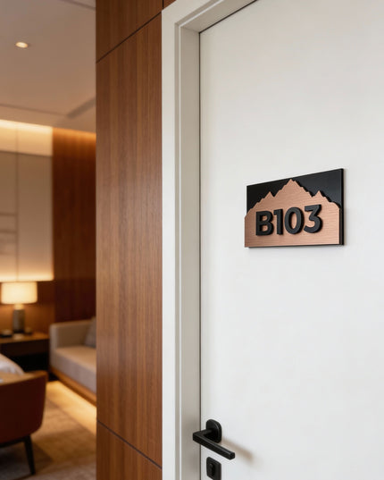 ALUMADESIGNCO Alpine Design elegant suite room sign with bronze metal plaque and black acrylic glass numbers, premium door signage for hotel suites, apartments, and offices