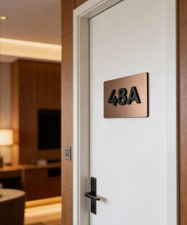 ALUMADESIGNCO brushed bronze room number sign for doors with raised acrylic numbers, modern door signage for hotels, apartments, Airbnb properties, and offices