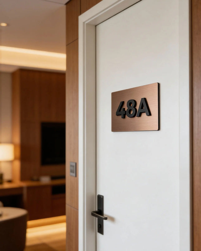 ALUMADESIGNCO brushed bronze room number sign for doors with raised acrylic numbers, modern door signage for hotels, apartments, Airbnb properties, and offices