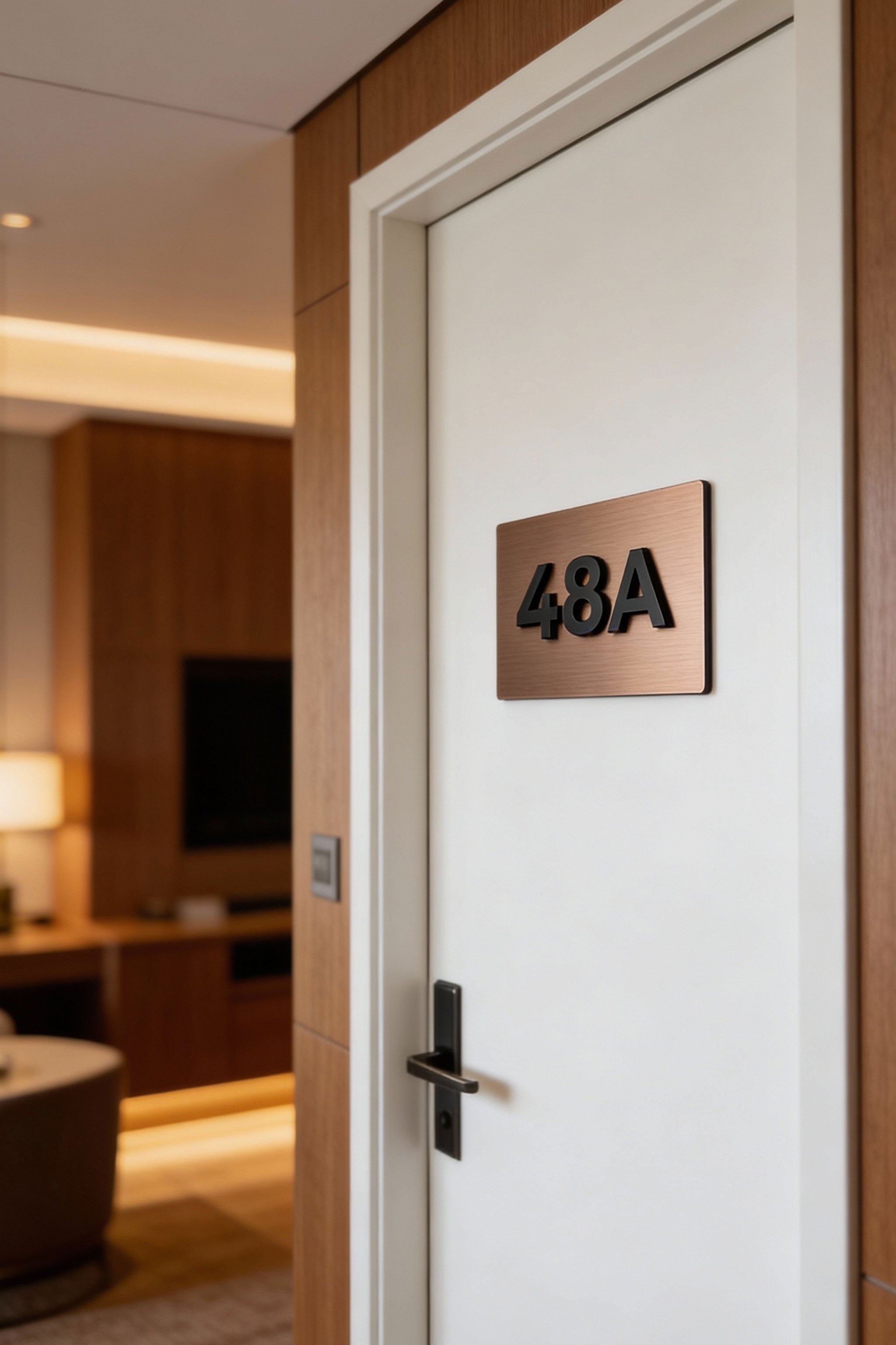 ALUMADESIGNCO brushed bronze room number sign for doors with raised acrylic numbers, modern door signage for hotels, apartments, Airbnb properties, and offices