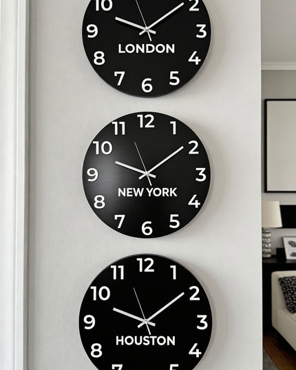 ALUMADESIGNCO customisable time zone wall clock with custom city names, modern wall décor for offices, hotels, studios, and contemporary interiors