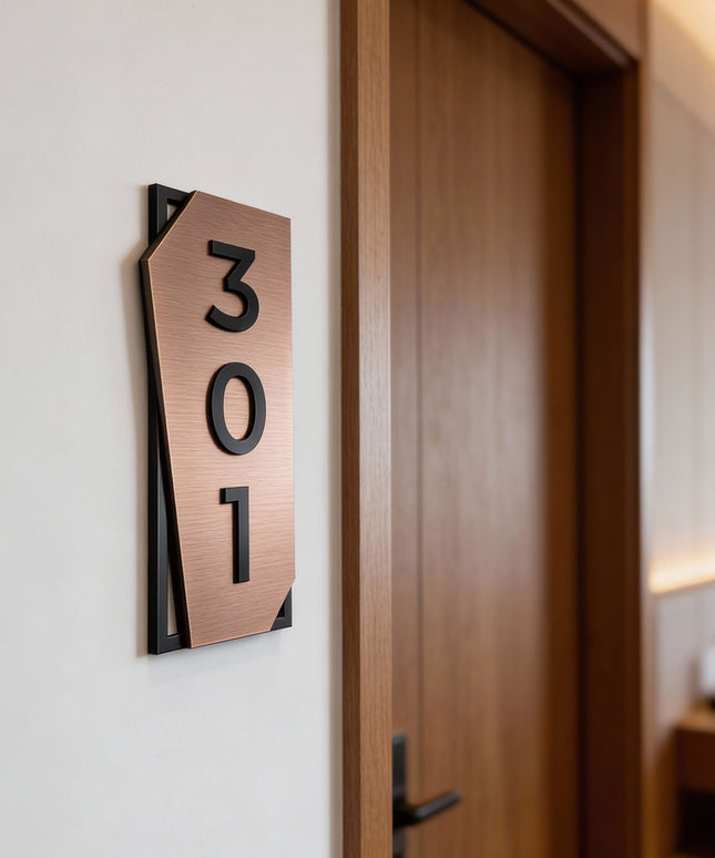 ALUMADESIGNCO vertical brushed bronze and acrylic room number sign with raised black acrylic numbers, modern hotel door number plaque for boutique hotels, apartments, and contemporary interiors
