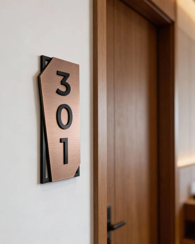 ALUMADESIGNCO vertical brushed bronze and acrylic room number sign with raised black acrylic numbers, modern hotel door number plaque for boutique hotels, apartments, and contemporary interiors