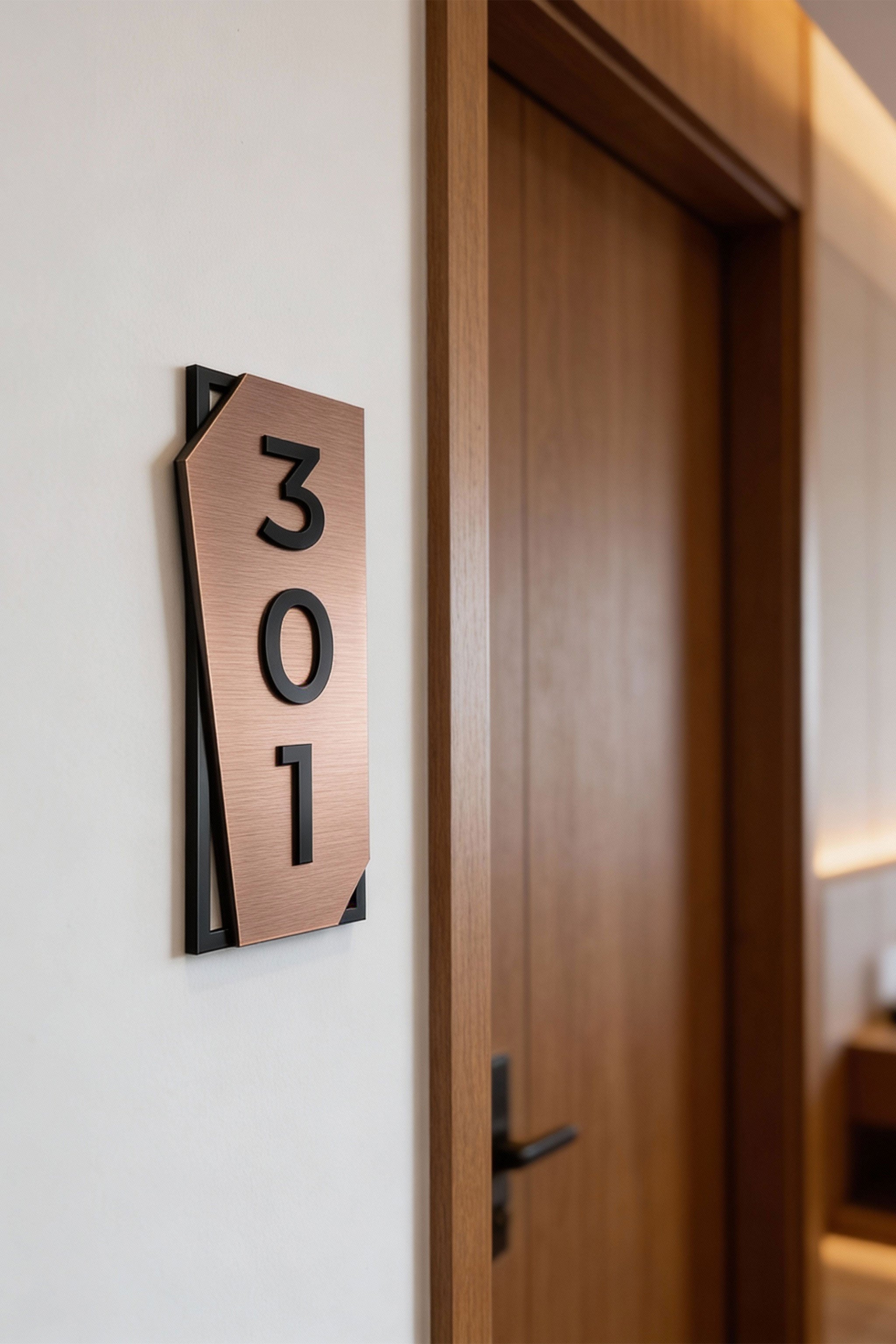 ALUMADESIGNCO vertical brushed bronze and acrylic room number sign with raised black acrylic numbers, modern hotel door number plaque for boutique hotels, apartments, and contemporary interiors