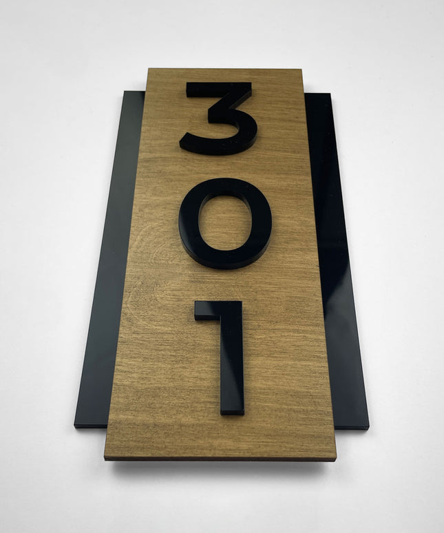 ALUMADESIGNCO vertical hotel room number sign made from natural birch wood and black acrylic numbers, modern Scandinavian door number plaque designed for hotel corridors, apartments, and Airbnb interiors