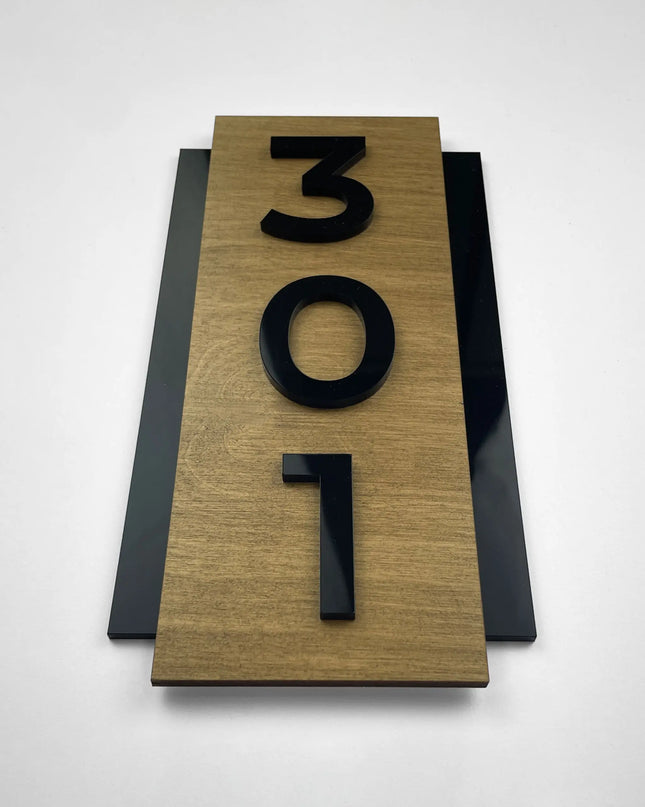 ALUMADESIGNCO vertical hotel room number sign made from natural birch wood and black acrylic numbers, modern Scandinavian door number plaque designed for hotel corridors, apartments, and Airbnb interiors
