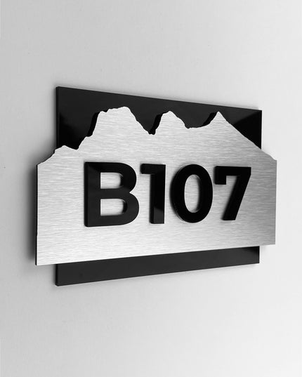 ALUMADESIGNCO Alpine Design modern suite number sign with wood and acrylic numbers, premium door signage for hotel suites, apartments, Airbnb properties, and offices