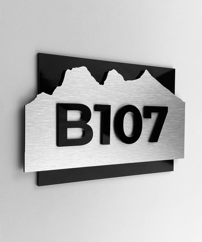 ALUMADESIGNCO Alpine Design modern suite number sign with wood and acrylic numbers, premium door signage for hotel suites, apartments, Airbnb properties, and offices