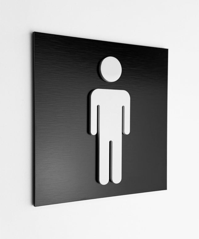 ALUMADESIGNCO men’s restroom sign with modern pictogram, premium bathroom door signage for offices, hotels, cafés, and commercial interiors