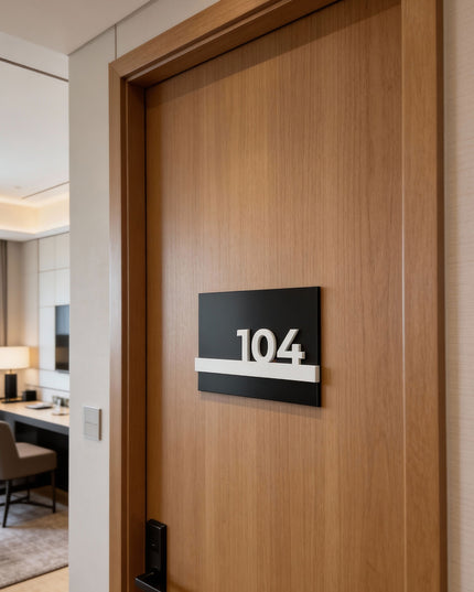 ALUMADESIGNCO black metal and white acrylic room number sign with minimalist modern design, premium door signage for hotels and apartment buildings